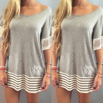 Fashion Lace Spliced Short Sleeve Striped Hem Loose T-shirt