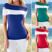 Sexy Slash Neck Short Sleeve Contrast Color T-shirt