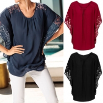 Sexy Hollow Out Lace Spliced Dolman Sleeve Loose T-shirt