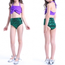 Sexy Bowknot Bra + High Waist Briefs Children Bikini Set