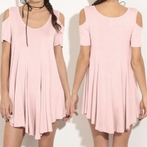Sexy Off-shoulder Short Sleeve Irregular Hem Solid Color Dress