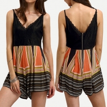 Sexy Lace Spliced Deep V-neck Printed Sling Rompers