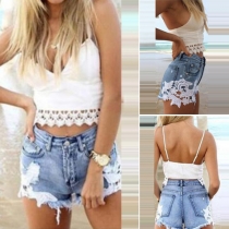 Fashion Lace Spliced High Waist Denim Shorts