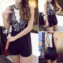 Fashion Lace Spliced Sleeveless Round Neck Slim Fit Rompers