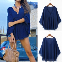 Sexy Deep V-neck Dolman Sleeve Lace Spliced Cape-style Tops 