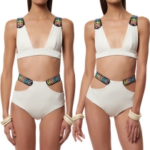 Sexy Deep V-neck Bra + High Waist Hollow Out Briefs Bikini Set