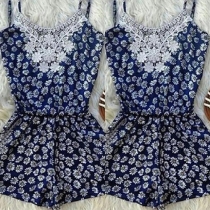 Fashion Lace Spliced Printed Sling Rompers