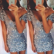 Sexy Deep V-neck Short Sleeve Slim Fit Sequin Party Dress