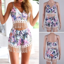 Sexy Tassel Spliced Cami Tops + High Waist Shorts Printed Two-piece Set