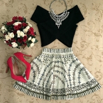 Sexy Black Crop Tops + High Waist Printed Skirt Two-piece Set