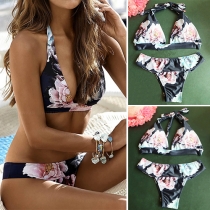 Sexy Deep V-neck Printed Halter Bikini Set