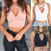 Sexy Deep V-neck Sleeveless Solid Color Crop Tops