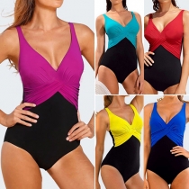Sexy Contrast Color Deep V-neck One-piece Swimsuit