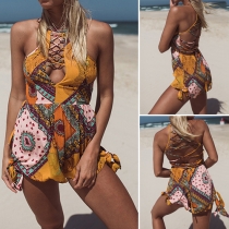 Fashion Bohemia Abstract Print Lace-Up Romper