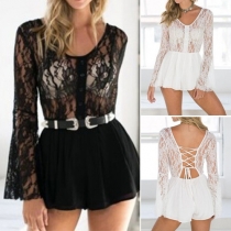 Sexy Backless See-through Lace Spliced Trumpet Sleeve Rompers