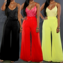 Sexy Backless V-neck Lace Spliced High Waist Sling Jumpsuits