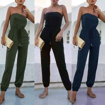 Sexy Strapless High Waist Solid Color Jumpsuits