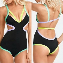 Sexy Backless V-neck Contrast Color One-piece Swimsuit