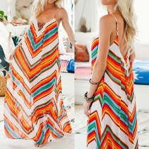 Sexy Backless Colorful Striped Sling Maxi Dress