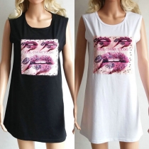 Fashion Beaded Printed Sleeveless Round Neck T-shirt Dress