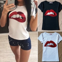 Fashion Sequin Red-lip Pattern Short Sleeve Round Neck T-shirt