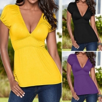 Sexy Deep V-neck Short Sleeve Solid Color T-shirt