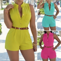 Fashion Solid Color Sleeveless Stand Collar Jumpsuits with Waistband