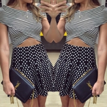 Sexy Crossover Striped Tops + High Waist Dots Printed Skirt Two-piece Set