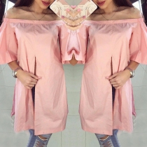 Sexy Slash Neck Slit Hem Short Sleeve Tops