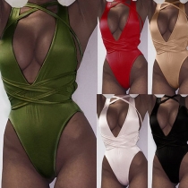 Sexy Deep V-neck Solid Color One-piece Swimsuit
