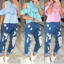 Sexy Off-shoulder Flouncing Short Sleeve Shirt