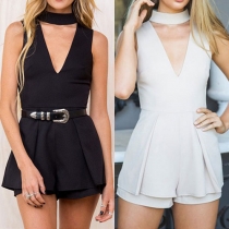 Sexy Deep V-neck Sleeveless Solid Color Rompers