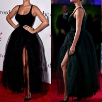 Sexy Black Tank Tops + High Waist Slit Hem Gauze Skirt Two-piece Set