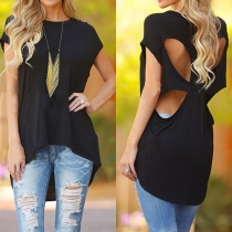 Sexy Backless High-low Hem Solid Color Loose T-shirt