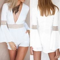 Sexy Deep V-neck Hollow Out Lace Spliced Long Sleeve Rompers
