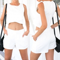 Fashion Solid Color Sleeveless Crop Tops + High Waist Shorts Two-piece Set