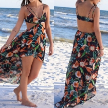 Bohemian Style Backless High-low Hem Printed Beach Dress