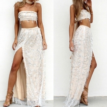 Sexy Bandeau Tops + High Waist Slit Hem Maxi Skirt Two-piece Set