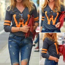 Fashion Letters Printed Long Sleeve Round Neck T-shirt