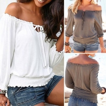 Sexy Slash Neck Long Sleeve Solid Color T-shirt