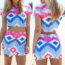 Fashion Printed Short Sleeve Crop Tops + Bust Skirt Two-piece Set