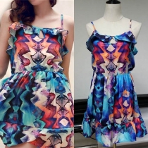Sweet Flouncing Printed Sling Dress