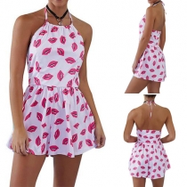 Sexy Backless Red-lips Printed Rompers