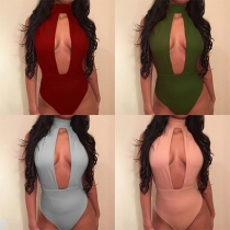 Sexy Backless Hollow Out Solid Color One-piece Swimsuit