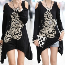 Sexy Cold-shoulder Sleeves Irregular Hem Printed T-shirt
