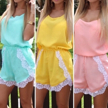 Fashion Lace Spliced Gathered Waist Sling Rompers