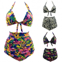 Sexy High Waist Floral Print Halter Bikini Set