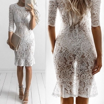 Sexy Half Sleeve Round Neck Slim Fit Hollow Out Lace Dress
