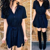 OL Style Solid Color Short Sleeve Single-breasted Shirt Dress