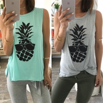 Fashion Pineapple Printed Round Neck All-match Tank Tops